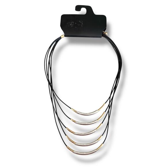 Kohl's Black Cord Layered Necklace Gold & Silver Tone Tubes 21in NWT - Picture 1 of 3